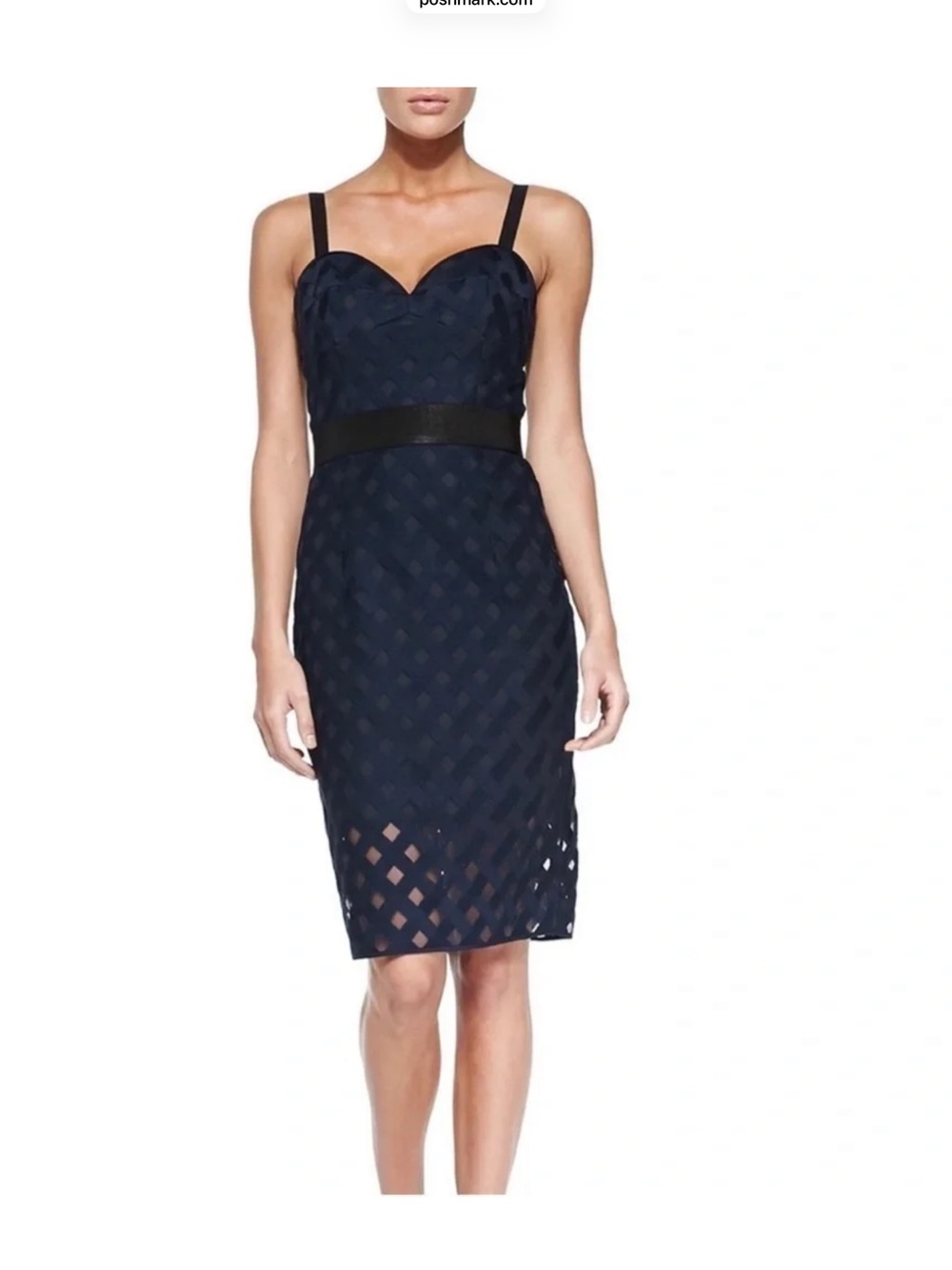 Milly Navy Lattice Overlay Midi Dress Sweetheart Neckline NEW
